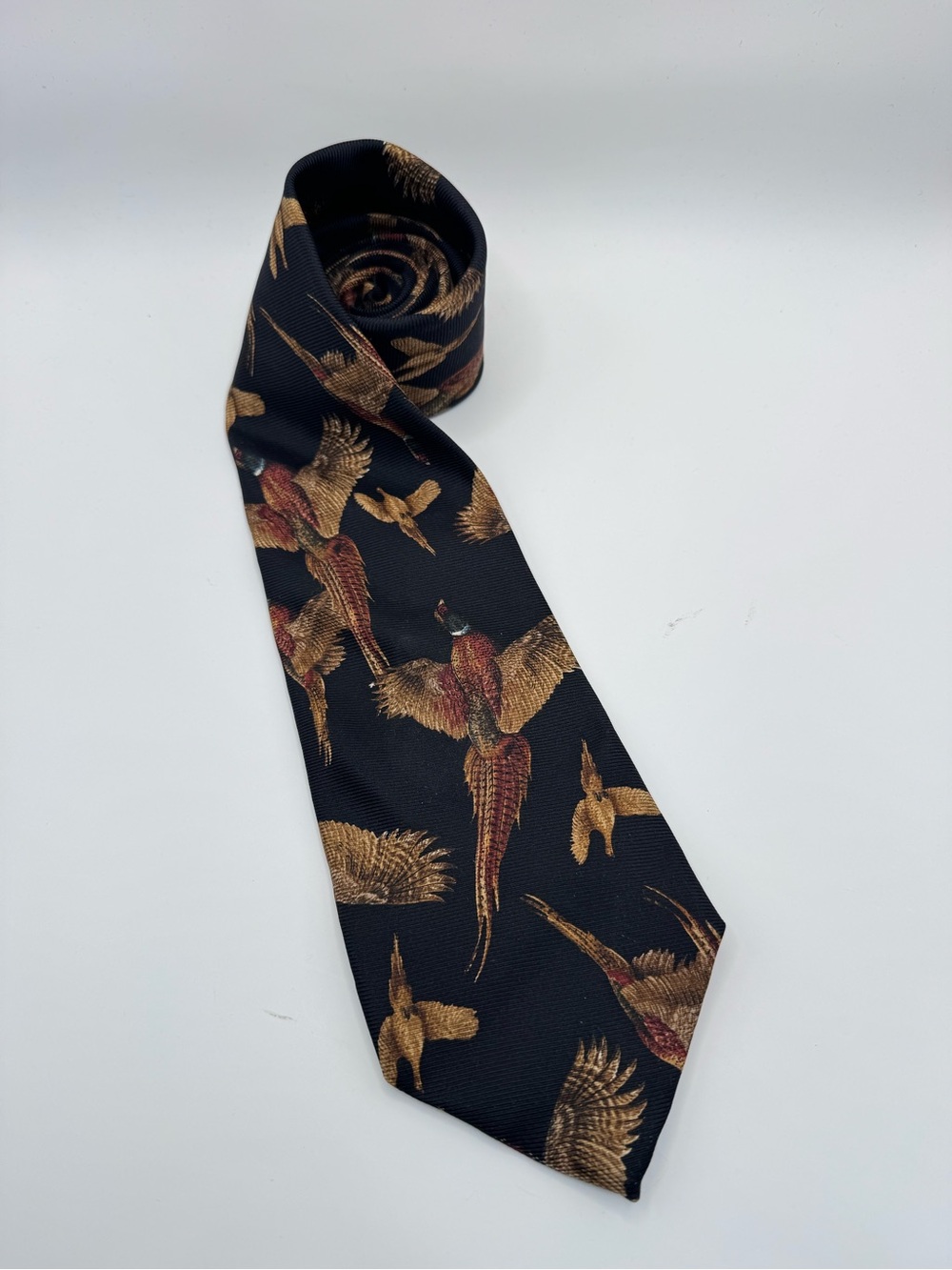 Lands' End Silk Neck Tie‎ Duck Pheasant Ringneck Game Bird Hunting Vintage USA
